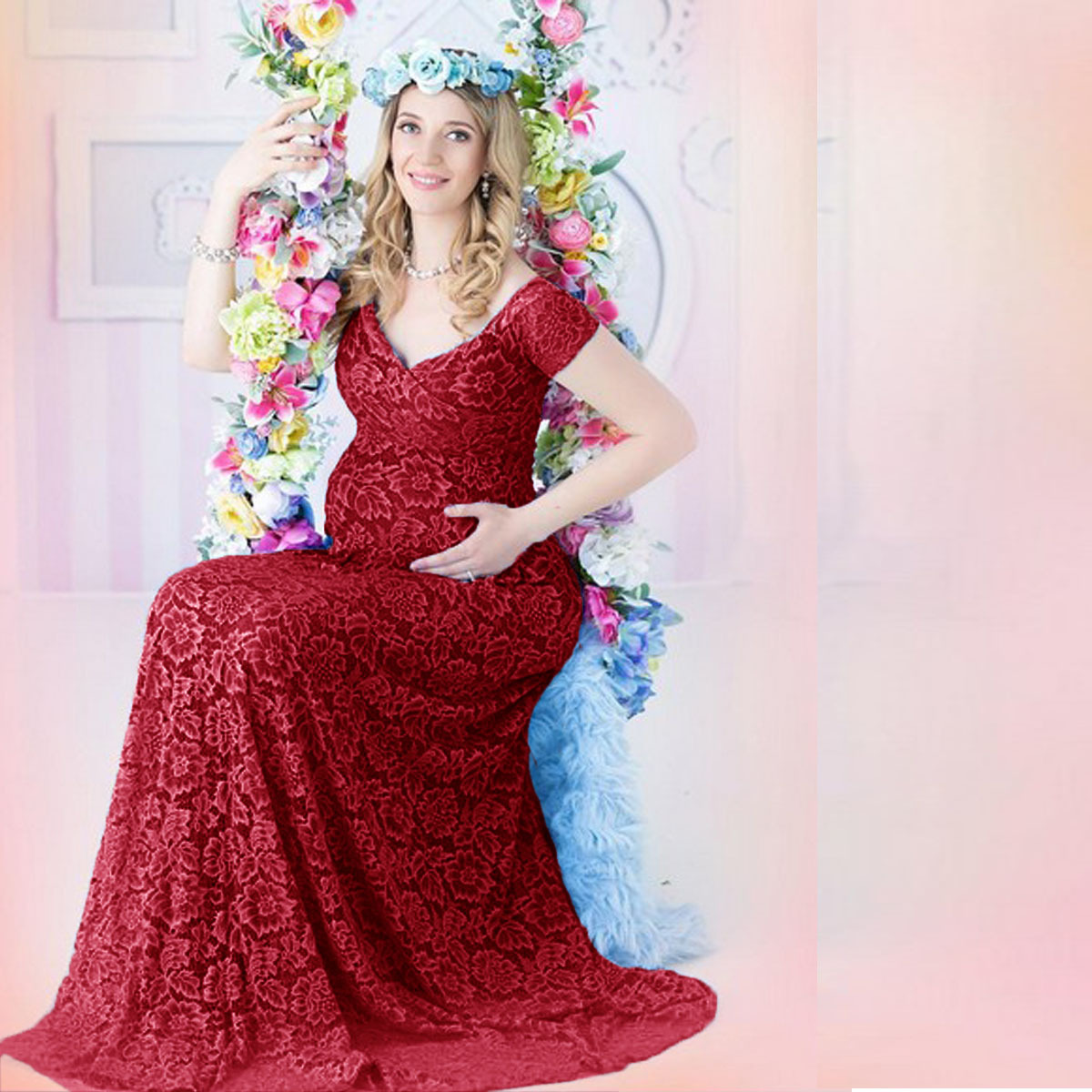 Maternity Wear - Европейско-американское кружевное платье макси для беременных